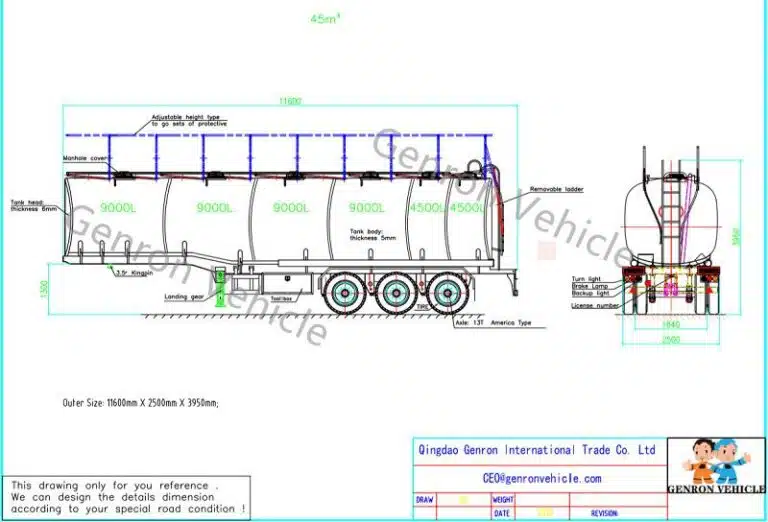 Diagrama detallado que muestra el diseño y las especificaciones del modelo de remolque cisterna de combustible de 60000 litros.