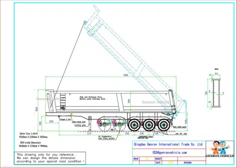 Dibujo técnico del remolque volquete extremo Genron de 1100 toneladas con dimensiones detalladas y dispositivo de elevación