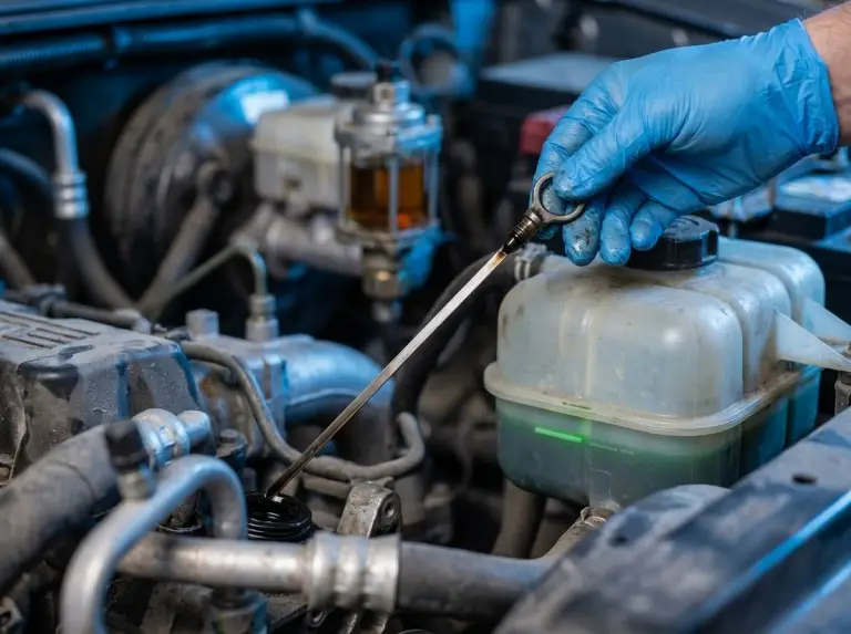 Check Engine Oil, Coolant, and Hydraulic Fluid
