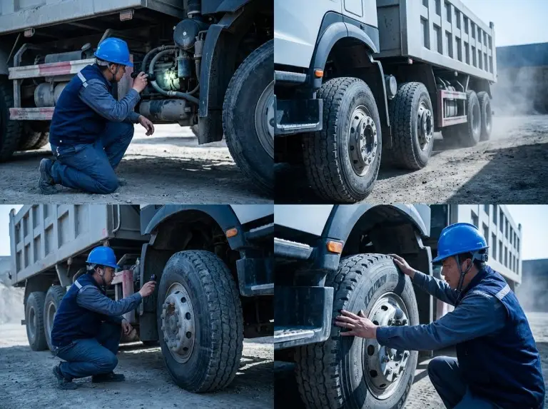 Technician inspecting under a HOWO dump truck and checking tires during a daily pre-start walkaround