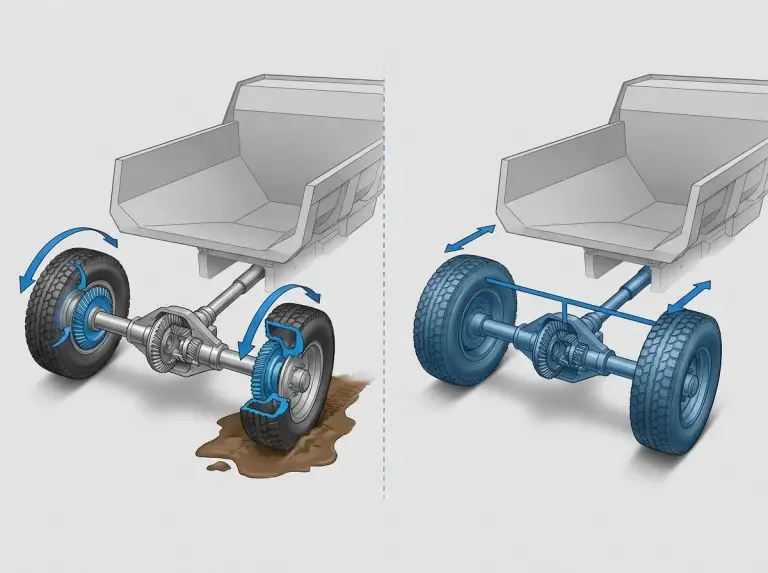 Close-up of hydraulic hoses and cylinder on a HOWO dump truck as a technician checks fittings for early leaks