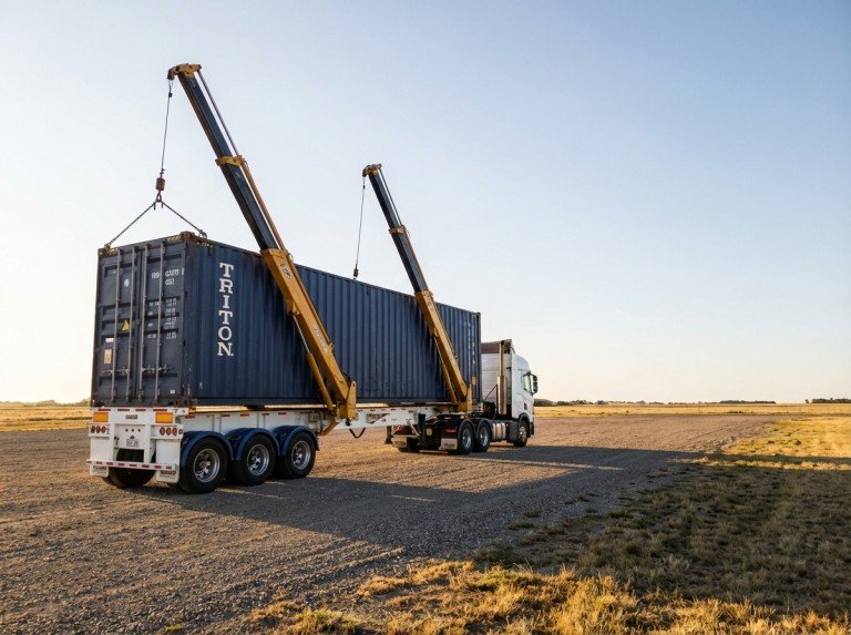 Conteneur d'expédition suspendu au-dessus du châssis du chariot élévateur latéral lors du déplacement latéral