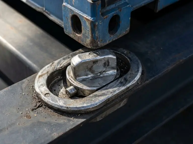 رأس كامة قفل ملتوية مهترئ مع وجود حطام على هيكل المقطورة