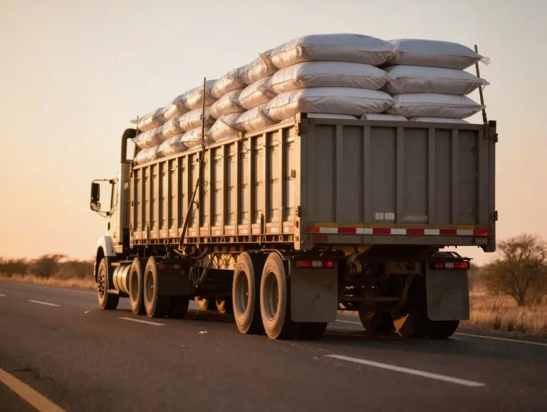 3-axle fence semi-trailer with removable steel panels loaded with bagged cargo