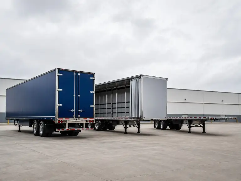 Three semi-trailer types parked side by side in a logistics yard — box trailer, curtainsider, and flatbed
