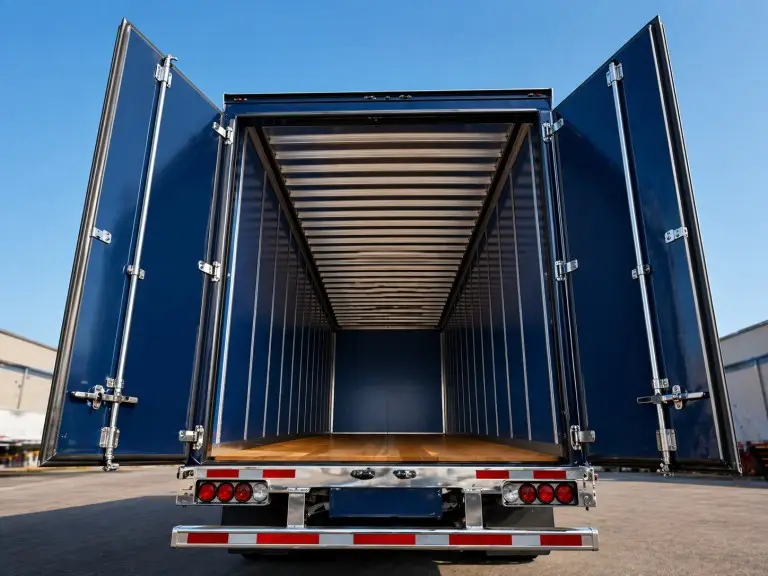 Open rear swing doors of a dry van box trailer showing the enclosed cargo floor and rigid wall panels