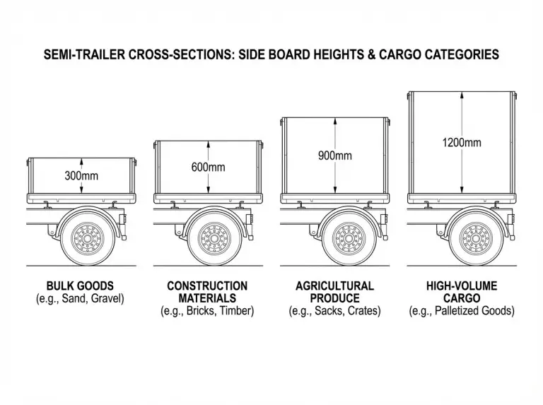 Diagramme comparatif de la hauteur des ridelles montrant les plages de 300 mm à 1200 mm pour différentes catégories de chargement