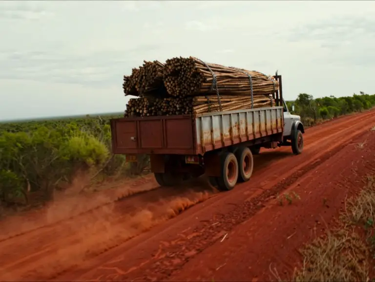 Fence semi-trailer carrying bundled cargo on unpaved African laterite road