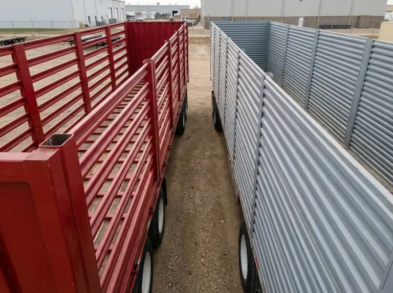 Fence trailer with open steel posts parked beside a solid-panel side wall trailer on a transport yard