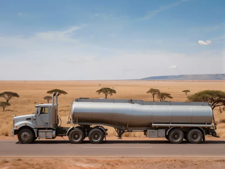 Трехосный автоцистерна для перевозки топлива на экспортном маршруте в Восточную Африку.
