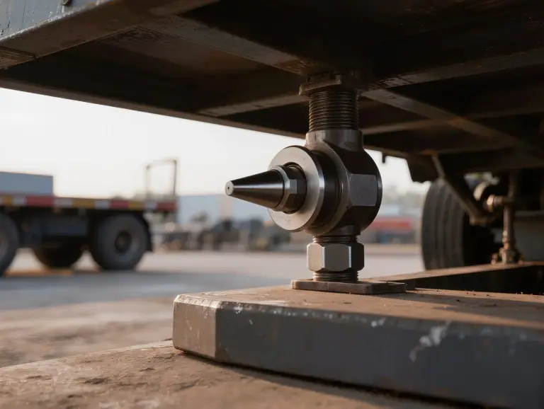 Trava giratória semiautomática na posição travada na plataforma do reboque