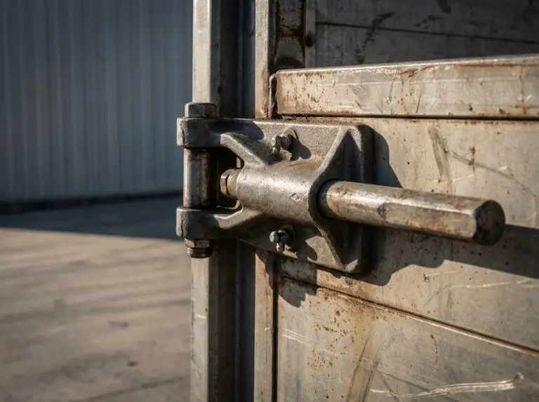 Drop-side panel hinge and locking rod detail on a side wall trailer showing mechanical components
