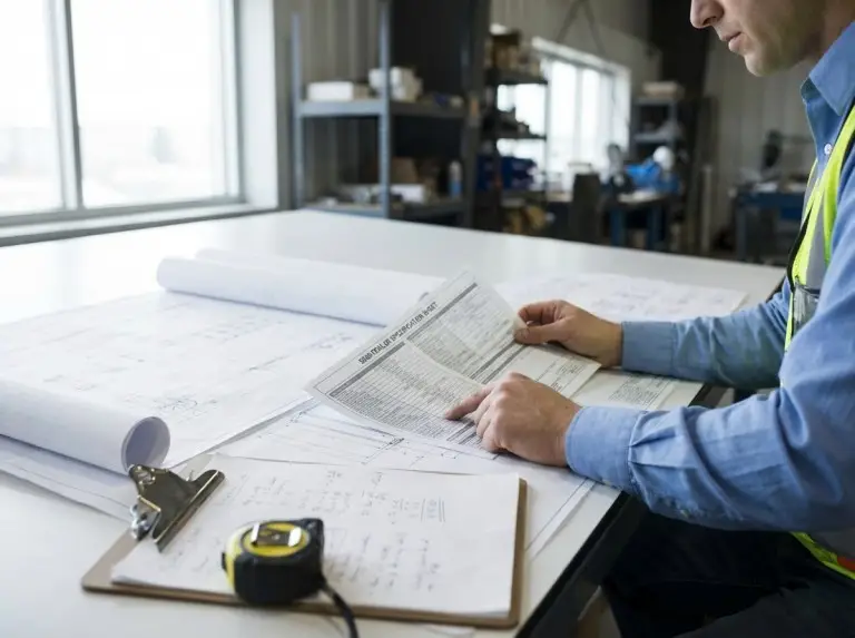 Ingénieur des achats examinant l'annexe des spécifications techniques de la remorque de clôture au bureau de l'usine