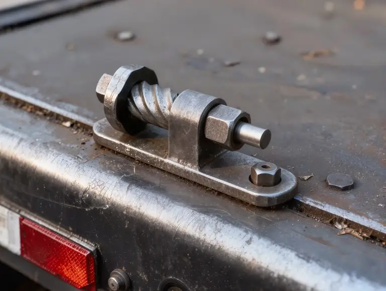 Placa de base com trava giratória que se encaixa perfeitamente na superfície da plataforma do reboque.