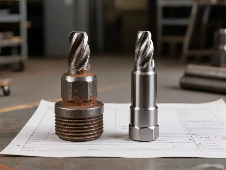 Cabeça cônica com trava giratória danificada, apresentando desgaste visível e ferrugem, necessitando de substituição.