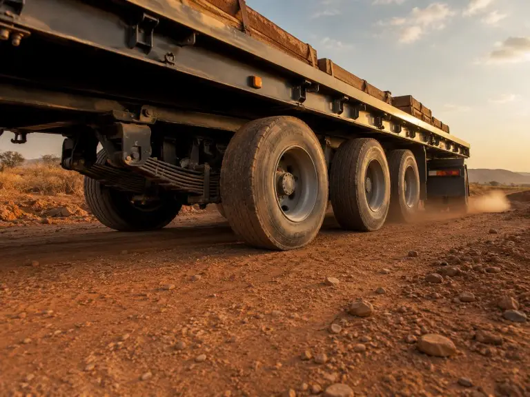 Heavy-duty flatbed semi-trailer with mechanical leaf-spring suspension traveling on an unpaved red-dirt road at a construction site