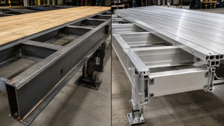 Side-by-side view of steel beam and aluminum beam cross-sections on a flatbed semi-trailer chassis showing weld joints and rail profiles