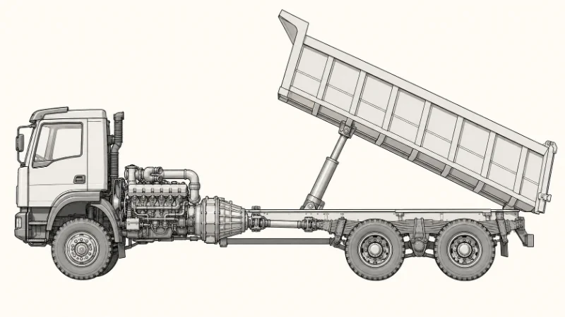 Drivetrain layout for a HOWO 371 dump truck showing engine, gearbox and tandem rear bogie