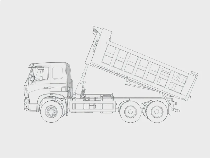 Ilustración técnica de perfil lateral de un camión volquete HOWO A7 que muestra la cabina, el chasis, los ejes tándem y la caja basculante.