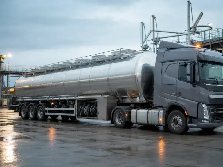 Multi-compartment petroleum trailer coupled to a tractor unit at a fuel loading terminal.